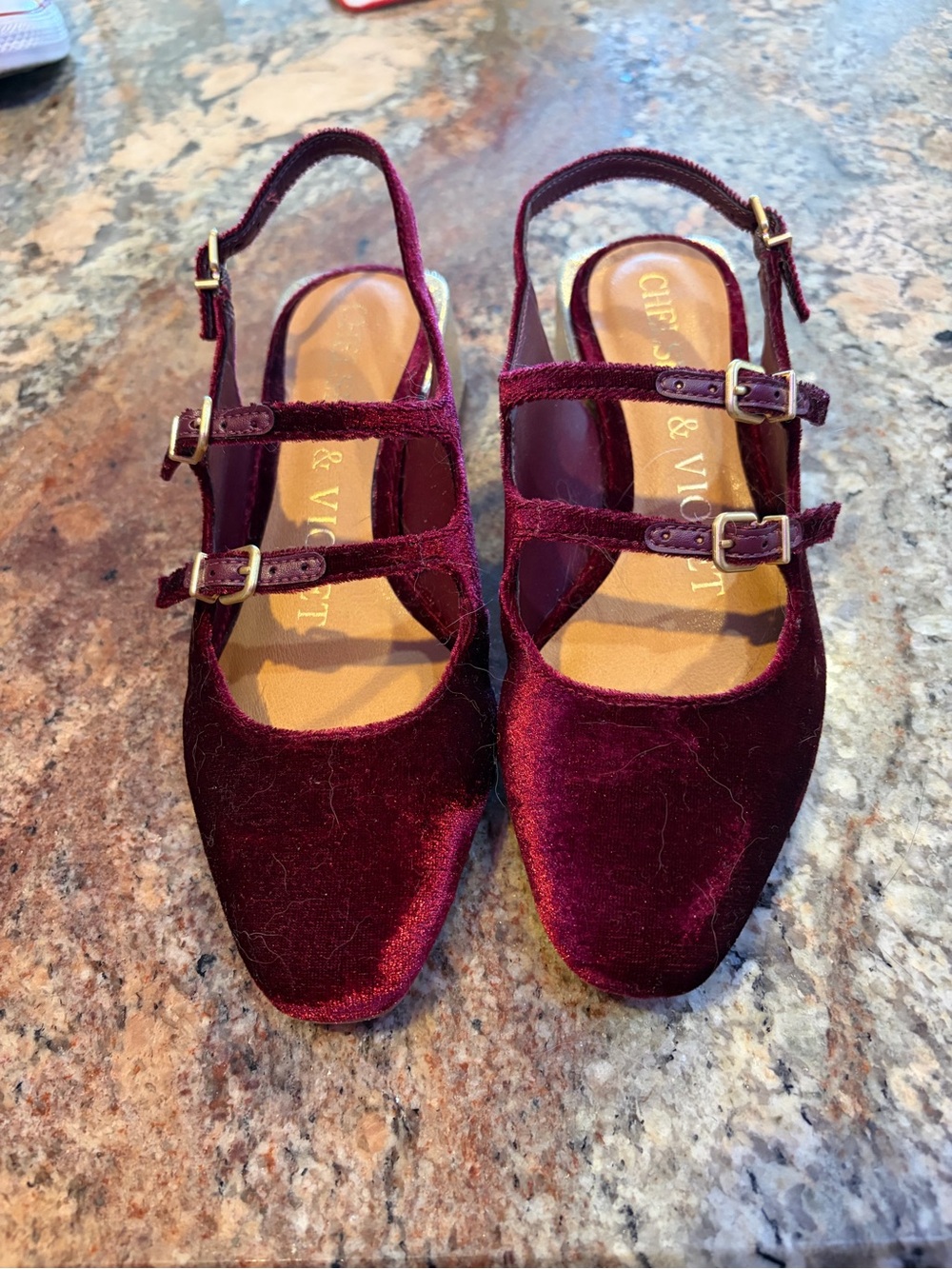 Chelsea & Violet Burgundy Velvet Double-Buckle Slingback Mules